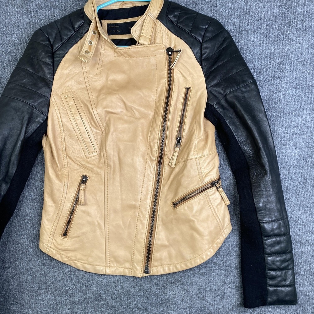 Zara Jacket Womens Medium Beige Black Leather Moto Asymmetrical Lambskin Cafe - Picture 3 of 10